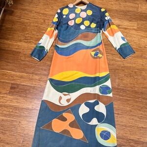 Colorful Vintage 1970’s Hand-Painted Silk Abstract Maxi Dress